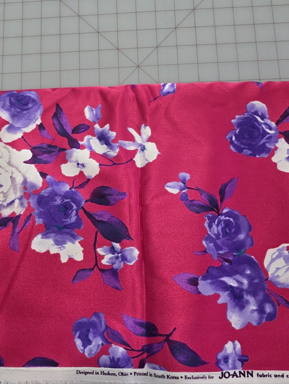 Bright Pink with Purple Roses Satin Fabric